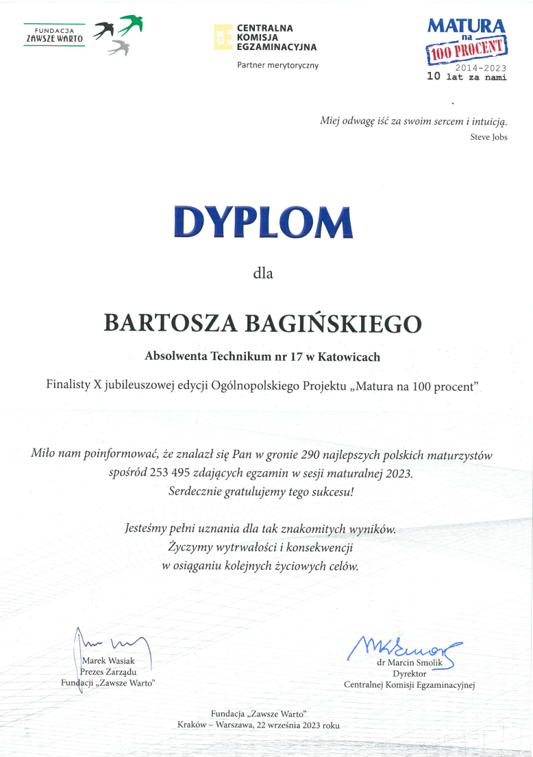 Dyplom dla Bartosza Bagińskiego