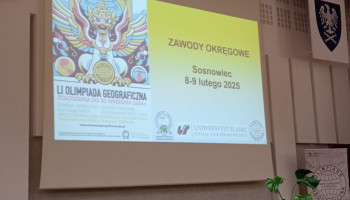 slajd z napisem: Zawody Okręgowe LI Olimpiady Geograficznej 8 – 9 luty 2025