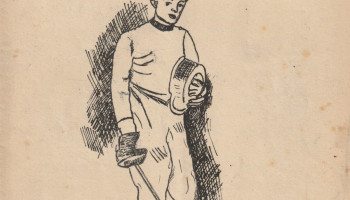 tytułowa strona czasopisma „Młodość” Nr 2 10 styczeń 1960 r. Rok X, grafika – szkic postaci szermierza w stroju sportowym z maską w ręce i w prawej ze szpadą