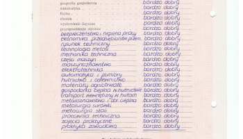 świadectwo maturalne – strona 2, oceny końcowe z przedmiotów objętych planem nauczania: sprawowanie – wzorowe, 29 przedmiotów: ogólnokształcących10 i zawodowych 19 – wszystkie z oceną bardzo dobry