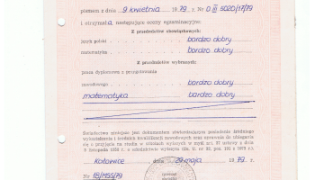 świadectwo maturalne – strona 3 – informacja o zdaniu egzaminu dojrzałości, wpisane przedmioty i oceny, przedmioty obowiązkowe: język polski – bardzo dobry, matematyka – bardzo dobry; z przedmiotów wybranych: praca dyplomowa z przygotowania zawodowego – bardzo dobry, matematyka – bardzo dobry