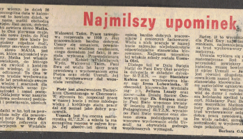 skan artykułu z hutniczej gazety branżowej, zamierającego informację, że Śl.TZN zrobiło niespodziankę mamie Urszuli Oleś, mianowicie opisane zostało w piątym akapicie wręczenie kwiatów Pani Ewie Oleś z okazji Dnia Matki przez Dyrekcję Śl.TZN i wychowawczynię, wyrażono uznanie oraz złożono słowa podziękowania za wzorowe wychowanie córki