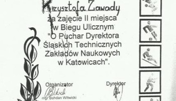 Kserokopia dyplomu dla ucznia za zajęcie II miejsca w Biegu Ulicznym o „Puchar Dyrektora Śląskich Technicznych Zakładów Naukowych w Katowicach”