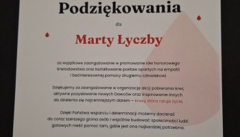 Dyplom-podziękowanie dla Marty Łyczby