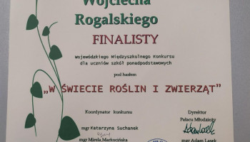 Dyplom z napisem: Dyplom dla Wojciecha Rogalskiego FINALISTY wojewódzkiego międzyszkolnego Konkursu dla uczniów szkół ponadpodstawowych pod hasłem „W ŚWIECIE ROŚLIN I ZWIERZĄT”, niżej podpisy Koordynatora konkursu i Dyrektora Pałacu Młodzieży, na dole z lewej Organizator konkursu: Pracownia Biologii Pałacu Młodzieży w Katowicach, z prawej strony Katowice 2024; dyplom ozdobiony motywem roślinnym i logo Pałacu Młodzieży w Katowicach