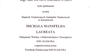 Zaświadczenie dla opiekuna Laureata Olimpiady Wiedzy o Elektrotechnice i Energetyce EDU-ELEKTRA ELEKTRA w roku szkolnym 2024, Michała Mansfelda – Lindy Grabowskiej