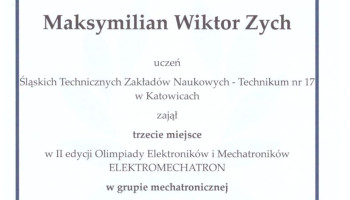 Dyplom uzyskania III miejsca i tytułu Laureata dla Maksymiliana Zycha z klasy 5G Śl.TZN w grupie Mechatronika Olimpiady Wiedzy Elektroników i Mechatroników ELEKTROMECHATRON w roku 2024