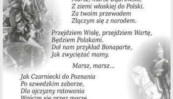 tekst hymnu Polski, ozdobiony tematycznymi grafikami (zdjęcie z Internetu)